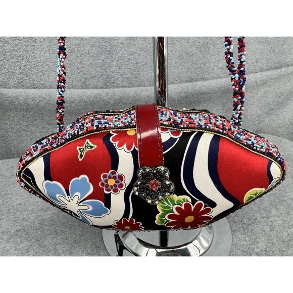 Mary Frances Beaded Crossbody Shoulder Bag Red Blue Floral Butterfly Embellished